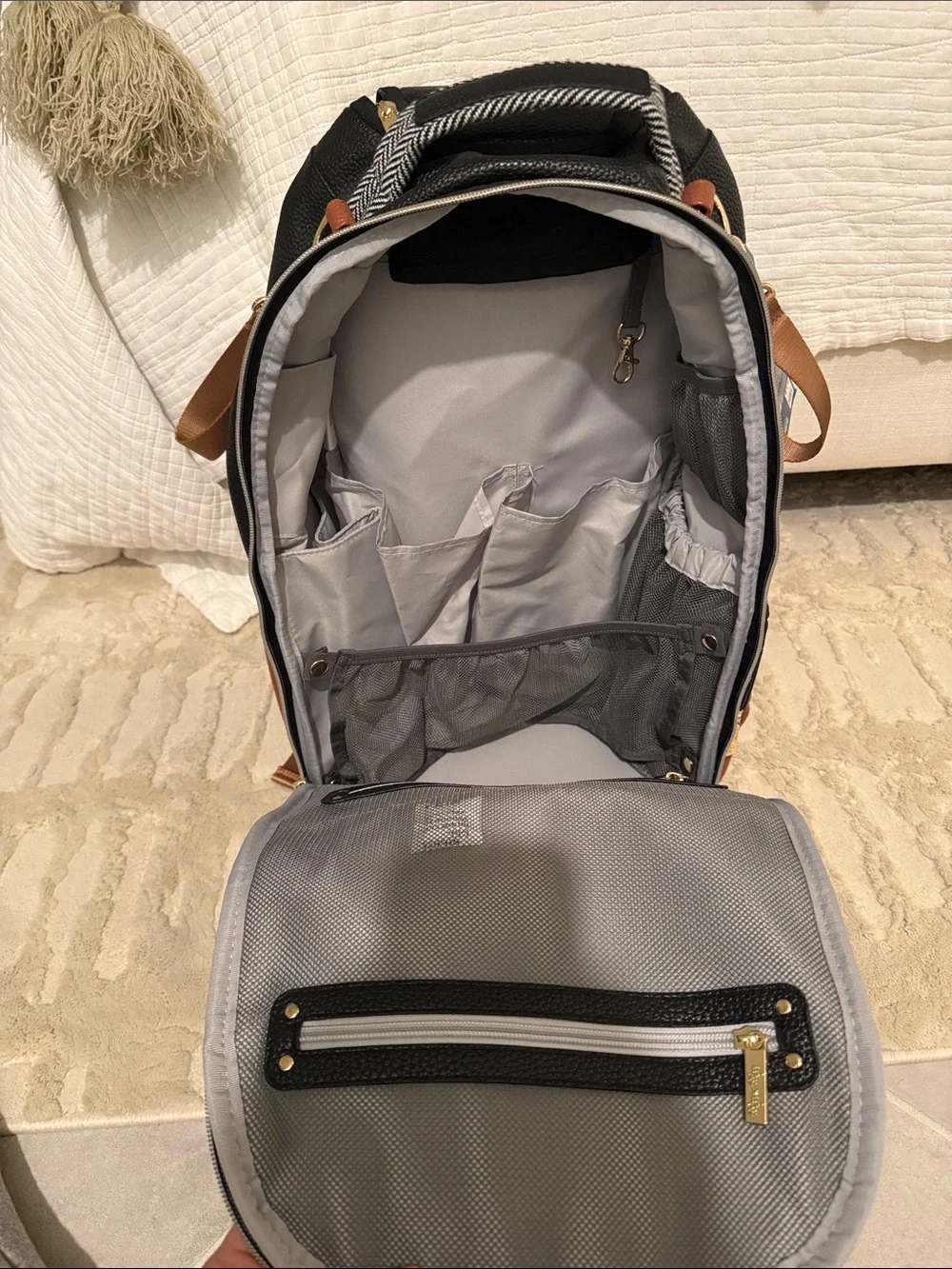 Stylish Multi-Compartment Baby Backpack Diaper Bag - Black, White & Brown